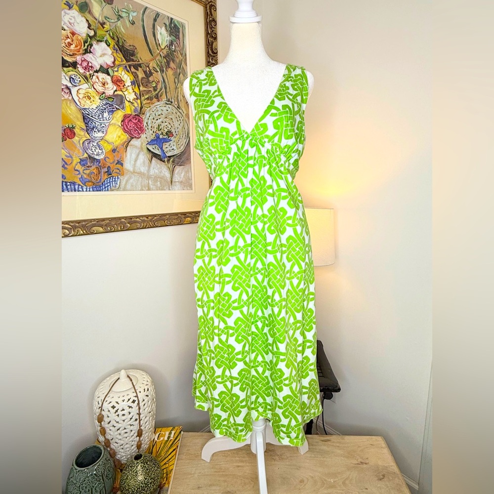 Lilypod Green White Geometric Print Sleeveless Midi Dress Size 6 Cotton Blend